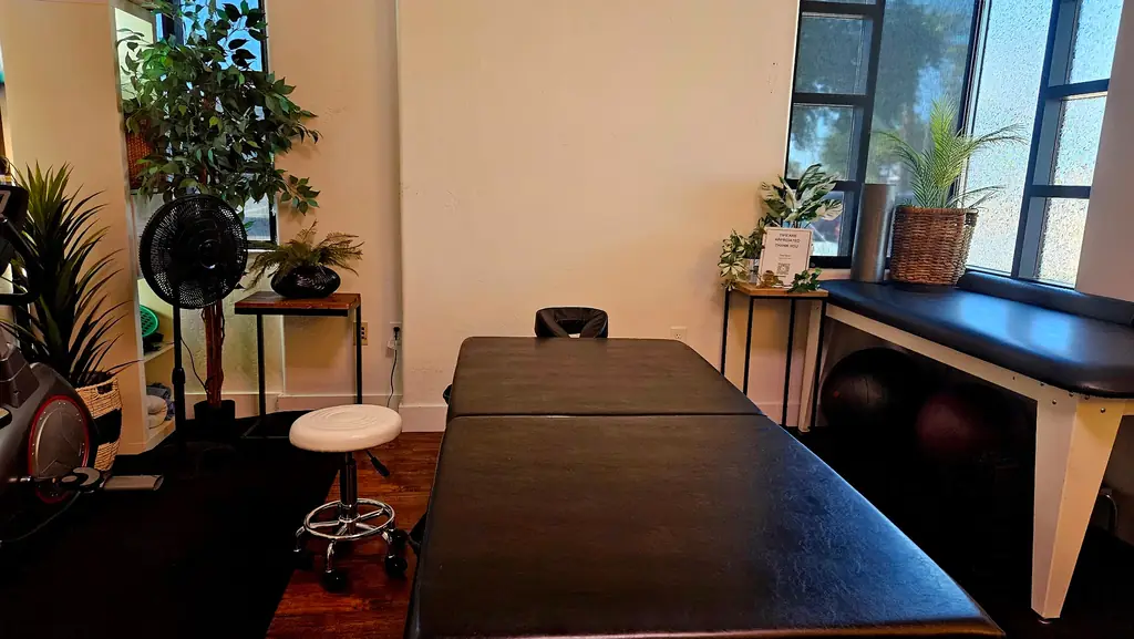 Dawn's studio on Warner Road: a black padded table, a white stool, plants and window light